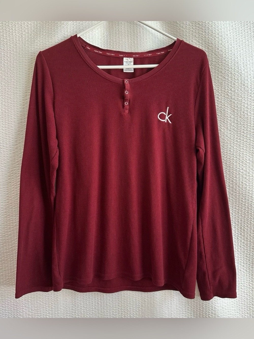 CALVIN KLEIN Burgundy Ribbed Henley Long Sleeve Pajama Sleep Shirt Medium